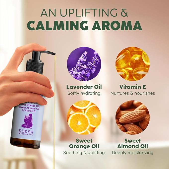 KUKKA Aromatherapy Massage Oil - 6.76 fl oz - Enriched with Vitamin E, Sweet Almond, Lavender & Sweet Orange Oils - for All Skin Types, Men & Women - Massage Oil for Muscles, Legs & Body