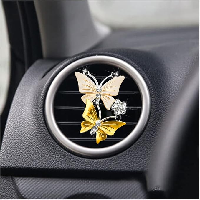 1PC Car Air Fresheners Vent Clips, Cute Dual Butterfly Diamond Rhinestone Car Vent Clip, Air Outlet Perfume Diffuser, Sparkly Bling Car Interior Decoration Accessories for Girls Women Yellow