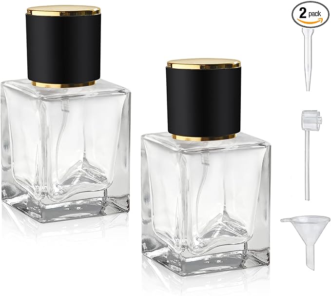 2 Pack 30ml/1 Oz Glass Spray Bottle Perfume Atomizer,Empty Travel Refillable Perfume Spray Bottle with 3 Kinds of Dispenser (Black Cap, 30ml)