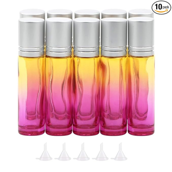 10Pcs Glass Rolling Bottles Set, 10ml (1/3oz) Yellow Rose Gradient Roll on Vials with Funnels for Essential Oil Aromatherapy Perfume Liquid Massage