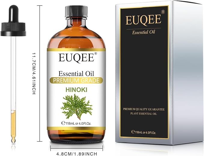 EUQEE Hinoki Essential Oil 118ml/4Fl Oz, Japanese Hinoki Oil Premium Natural Wood Scent Aromatherapy Oil with Glass Dropper for Meditation, Skincare, Diffuser, DIY Soap, Home Spa