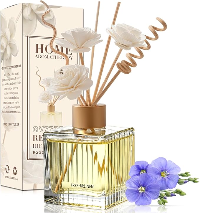 Fresh Linen Reed Diffuser - 6.7 oz Glass Bottle with 4 Rattan Sticks, 3 Dried Flowers | Adjustable, Long-Lasting Scent for Home, Bedroom, Living Room, Office, Bathroom | Aromatherapy Gift