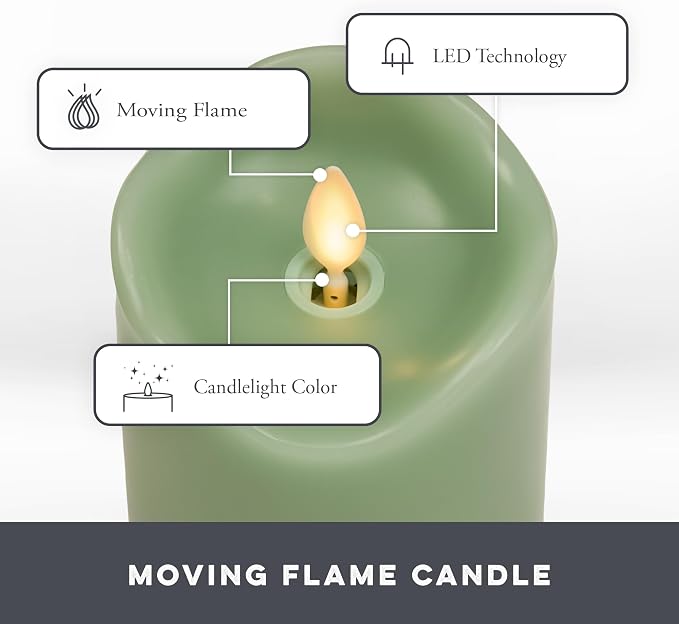 Matchless Candle Co. by Luminara Set of 3 (3" x 4.5",5.5",6.5") Flameless LED Flickering Battery Candle Moving Flame Pillar, Melted Edge, Real Wax Smooth Finish (Pastel Green)