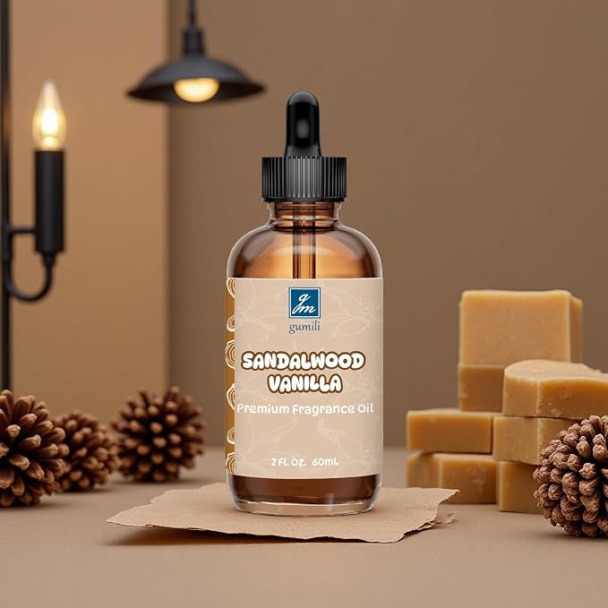 GM Gumili Sandalwood Vanilla Fragrance Oil 2 Oz, Natural Scent Oil for Home Essential Oils Diffuser, Candle Making, Soap Making, DIY Body Oils, Perfume, Body Mist, Spray - Sweet Woody Scent
