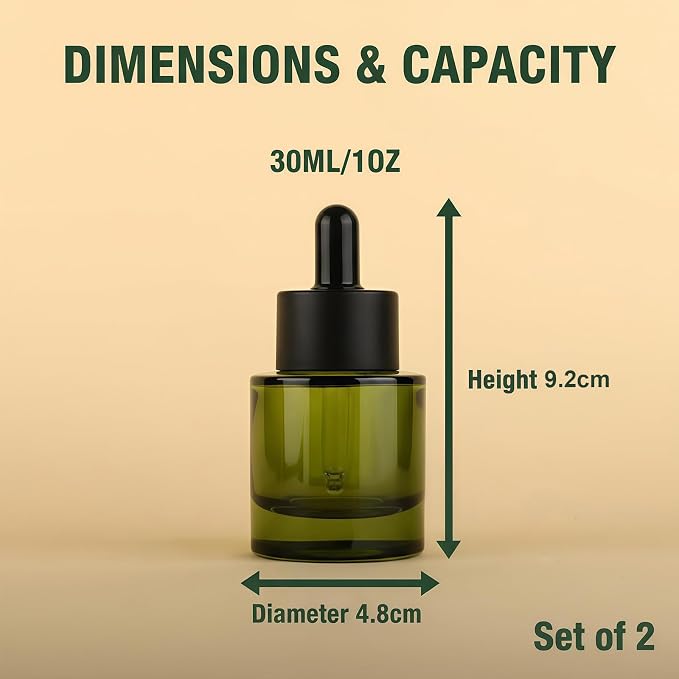 Happyupcity 2Pcs 30ml/1 oz Glass Dropper Bottles with Black Eye Droppers Lid Empty Refillable Essential Oil Bottles Travel Perfume Sample Vials Essence Liquid Cosmetic Containers