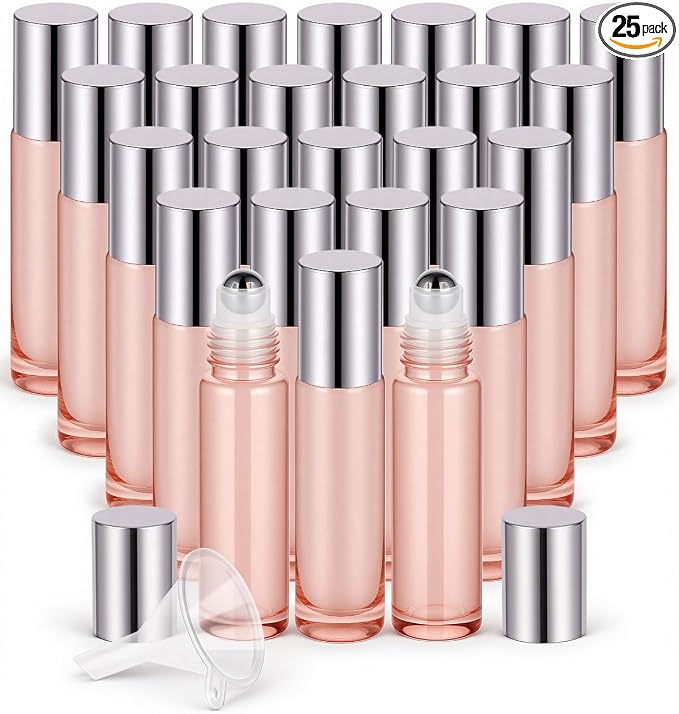 Worldgsb 25 Pack Essential Oil Roller Bottles, 10ml Refillable Glass Roller Bottles with Stainless Steel Roller Balls and Caps for Travel, Perfume and Lip Gloss Rose Gold