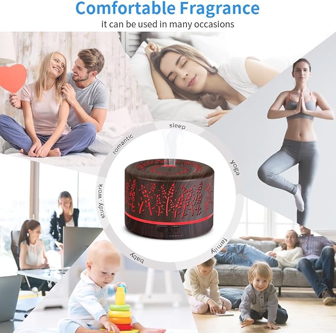 Essential Oil Aromatherapy Diffuser - 500ml Humidifier with Timer and Auto-Off Safety Switch - 7 Colors Lights - Ultrasonic Cool Mist Essential Oil Diffuser for Home Office Room (Grey)