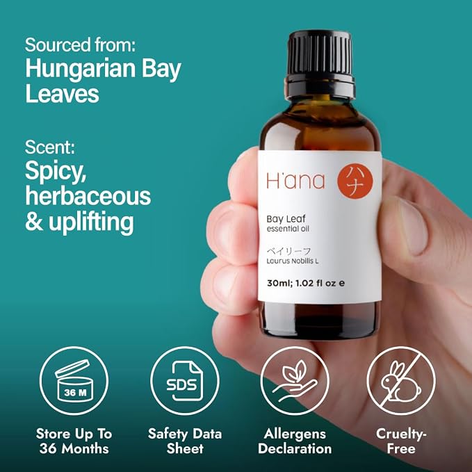 H'ana Bay Leaf Oil - 1.02 Fl Oz Bay Leaf Essential Oil for Hair, Skin, Diffuser, Aromatherapy & DIY