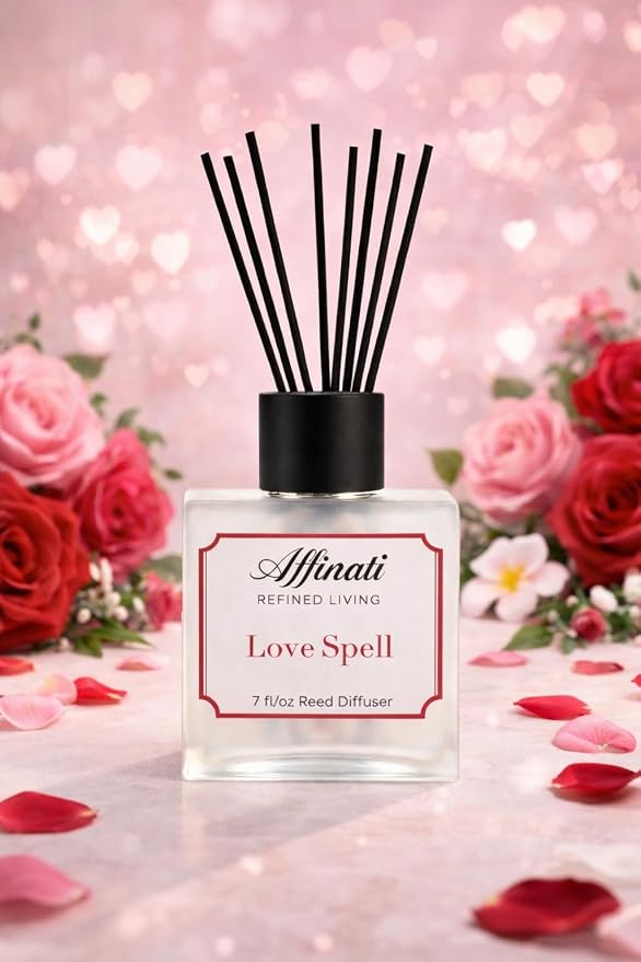 Affinati Love Spell Reed Diffuser – 7.0 fl oz Home Fragrance Diffuser with 8 Reeds – Long Lasting Flame Free Room Fragrance for Bedroom, Bathroom, Office & Living Room