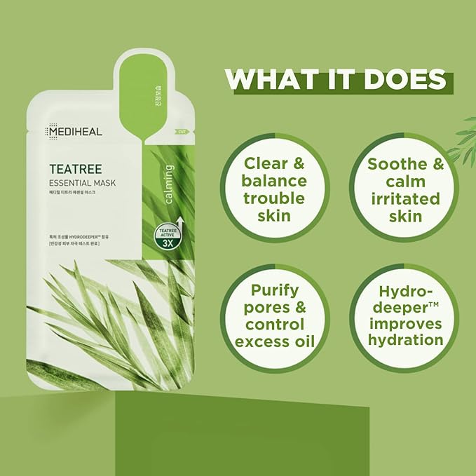 Mediheal Official Best Korean Sheet Mask - Tea Tree Essential Face Mask 4 Sheets Skin Soothing Treat Blemishes Sebum Control For All Skin Types (Pack of 2)