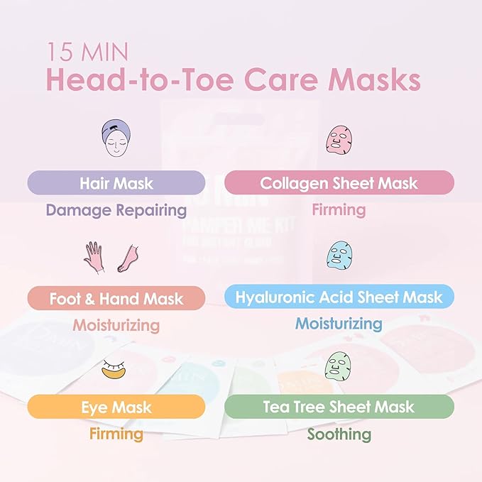 Naisture 15 Min Pamper Me Kit Korean Spa Skincare Gift Set for Women-Head to Toe with Hair, Face, Eye, Hand, & Foot Masks (7 pcs)