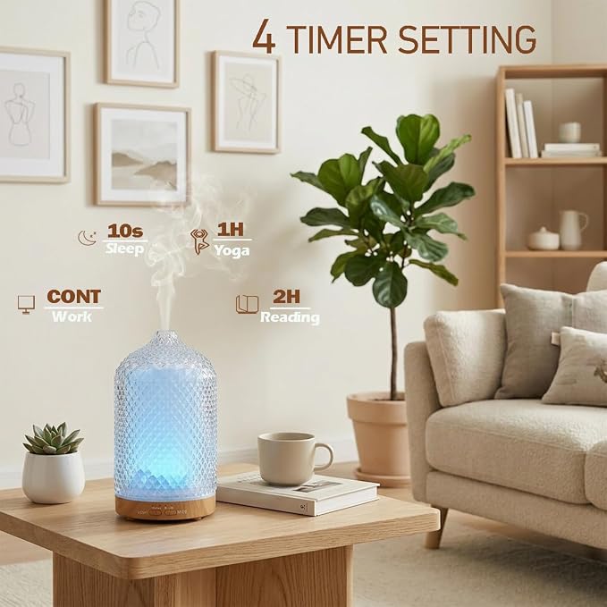 Diffuser with 3 Essential Oils,Glass Aroma Diffusers,200ml Small Humidifier for Bedroom with Timer,7 LED Color Lights,Auto Shut-Off Waterless Function for Office Home Room Decor Gifts for Women