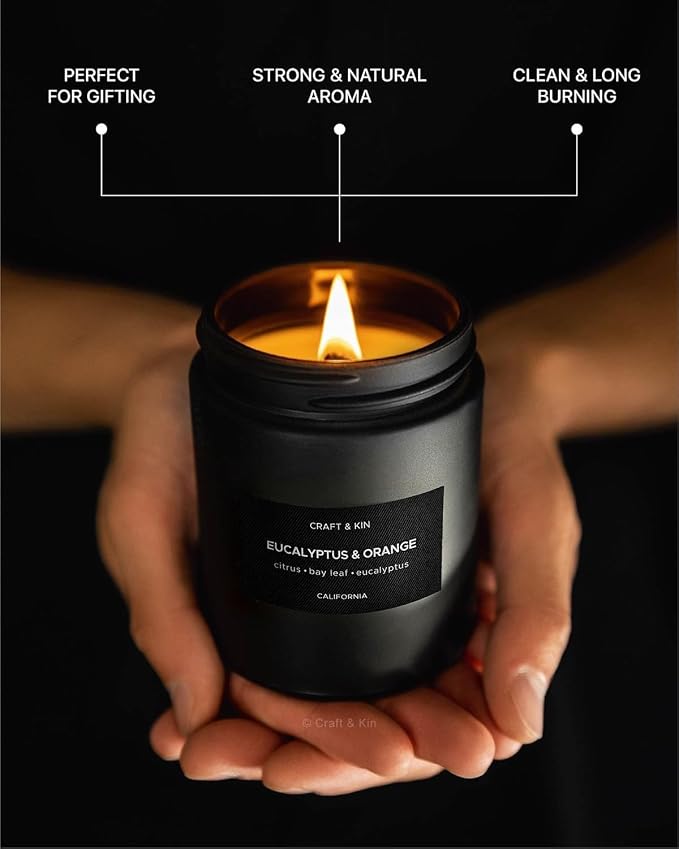 Craft & Kin Premium Orange & Eucalyptus Scented Candle – Long Lasting, 45 Hour Burn Time – Luxury Black Natural Soy Scented Candle for Men with Wood Wick – Room Decor and Aromatherapy – 7.6 oz