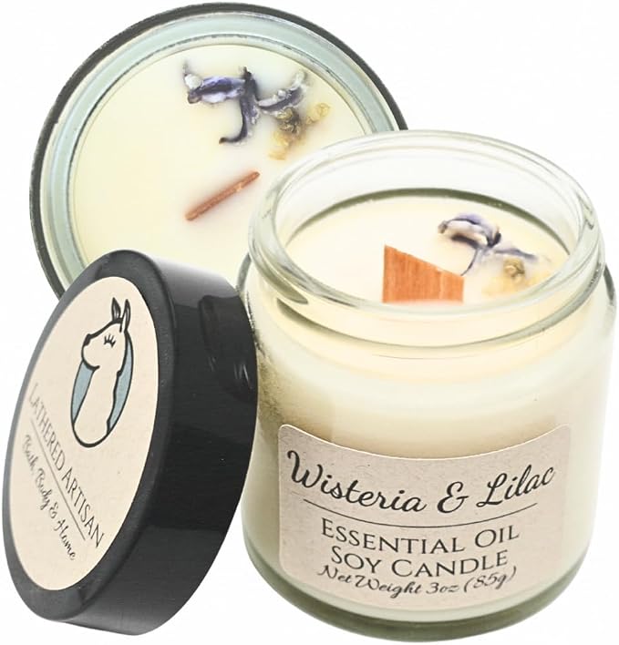 Wisteria & Lilac Floral Scented Candle, Hand Crafted Essential Oil Soy Candles Flickering Wood Wick, Dried Flowers, 23 Hour Burn Time, Natural Aromatherapy, Glass Jar with Lid by Lathered Artisan