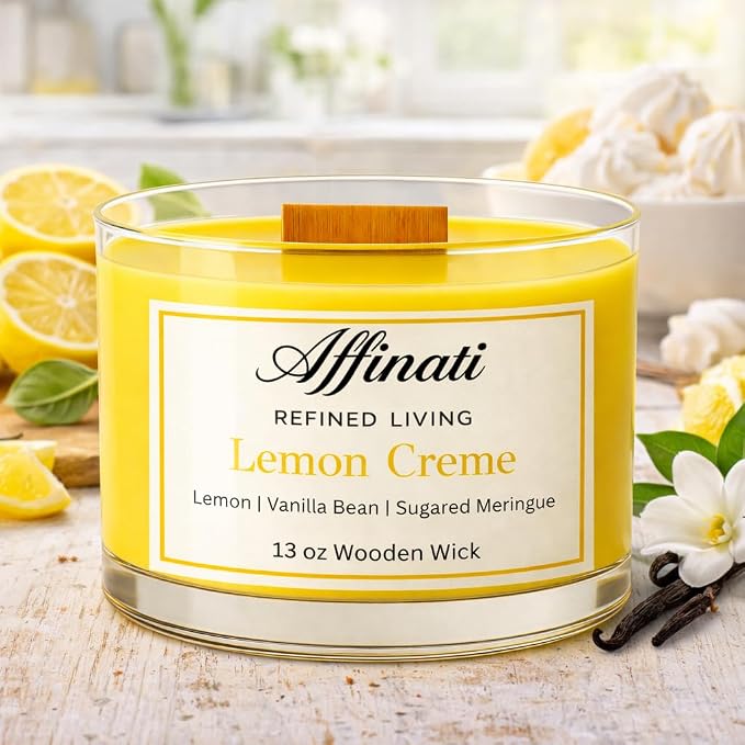 Affinati Lemon Creme Wooden Wick Candle – Premium Wooden Bowl, 13 oz