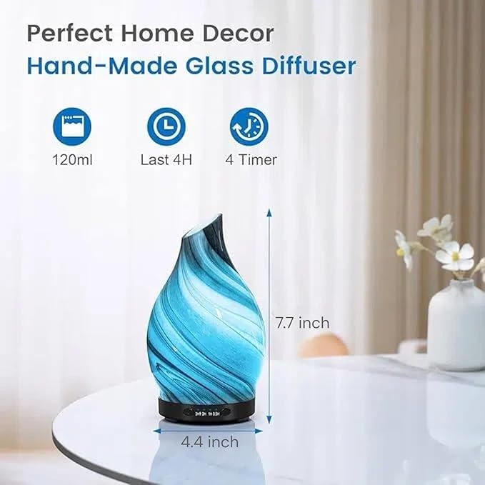 Essential Oil Diffuser, 120ML Glass Aromatherapy Diffuser with Auto Shut-Off and 7 Color LED Lights, Ultrasonic Mist Humidifier with 4 Timer for Home Office Bedroom (Gray Wave)