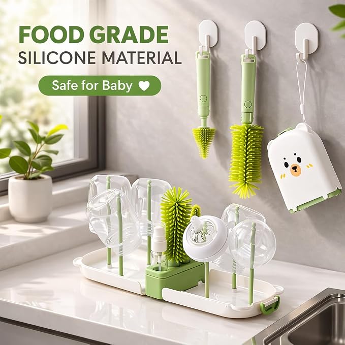 Travel Bottle Cleaner kit, 7in1 Baby Toddler Travel Essential Silicone Bottle Brush Set, Nipple, Drying Rack, Straw, & Breast Pump Cleaning, Soap Dispenser & Organizer Case, Gift Mom