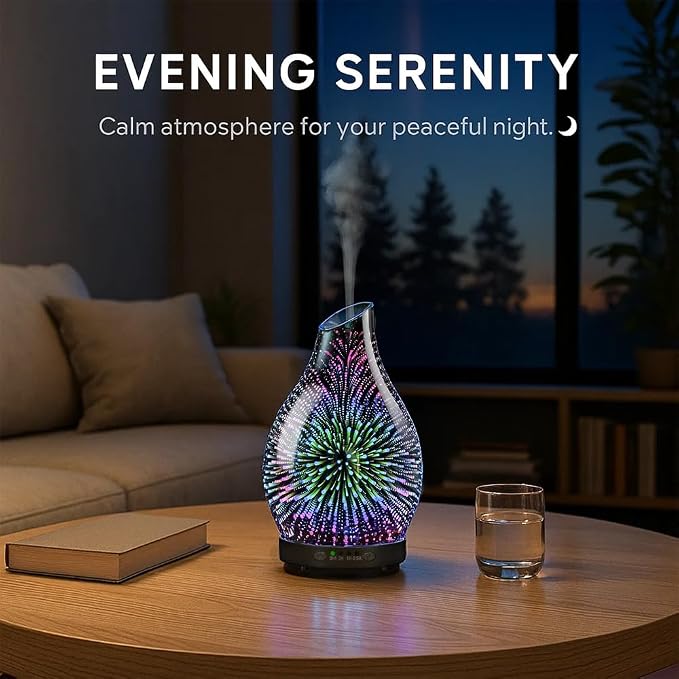 120ML Essential Oil Diffuser, 3D Glass Aromatherapy Diffuser with Auto Shut-Off and 7 Color LED Lights, Ultrasonic Mist Humidifier with 4 Timer for Home Office Bedroom (3D Fireworks)