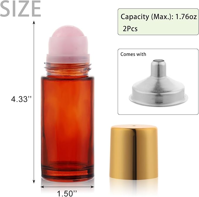 2 pack 1.7oz Large Amber Glass Roll on Bottles Rose Quartz Roller Ball Applicator for Essential Oils Perfume Refillable Empty Deodorant Containers with Pink Crystal Rollerball