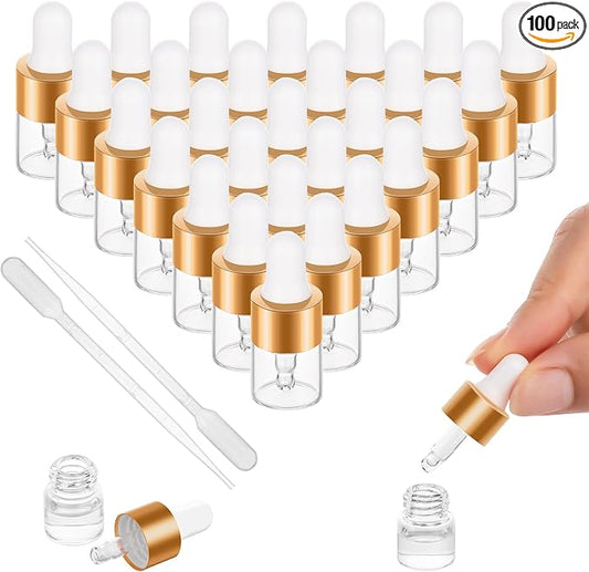 100 Pack Mini Dropper Bottle for Cuticle Oil, 1ml Small Sample Essential Oil Dropper Bottles for Travel, Clear Empty Vails for Cosmetic Perfume