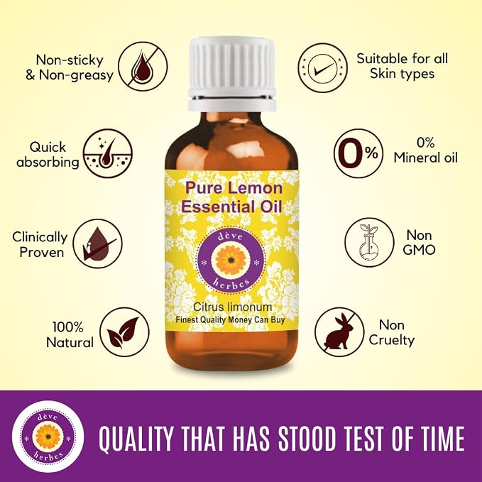 Deve Herbes Lemon Essential Oil (Citrus limonum) Pure | Non-Sticky | Non-Greasy | Lightweight | Men & Women | All Skin Types | Steam Distilled 30ml