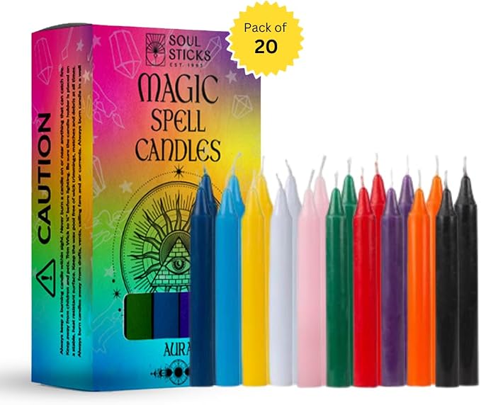 SOUL STICKS Aura Magic Spell Chime Taper Candles 20 Pack - Ideal for Altar, Rituals, Ceremonies, Meditation Colored Chime Candle for Witchcraft Supplies, Wiccan Supplies, Candles Clearance