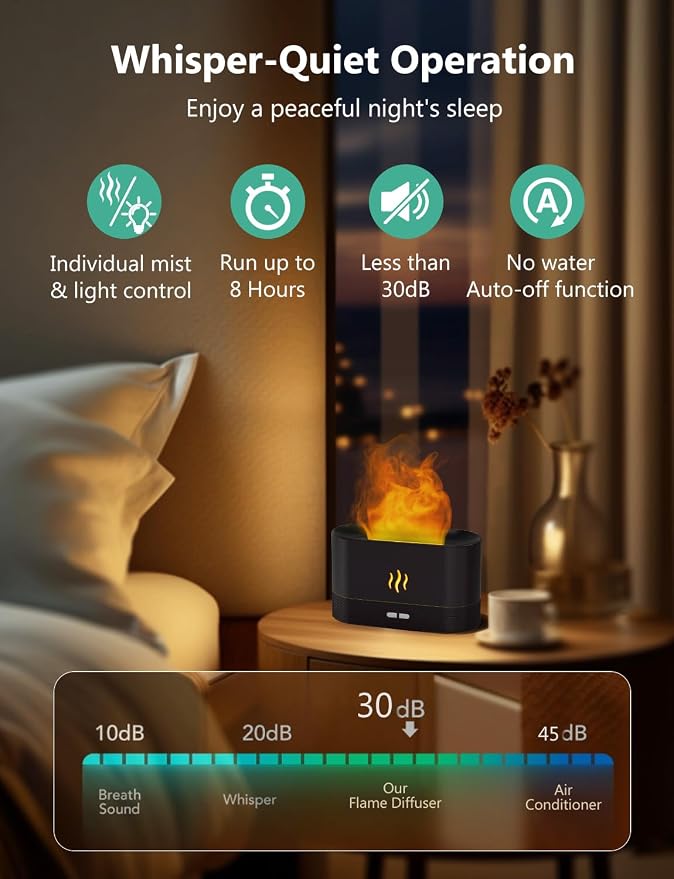 PIZAY Essential Oil Diffuser, Air Humidifier with Flame Led Light - 7 Colors, 180mL Capacity (8 Hours), Noiseless Operation, Auto-Off Protection - Perfect for Home Bedroom Office Gifts(Black)