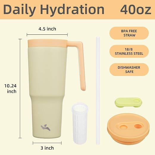 Konokyo Insulated Tumbler with Handle and Straw,40 OZ Vacuum Stainless Steel Water Bottle Travel Mug Metal Cup with Fruit Diffuser,Lemon