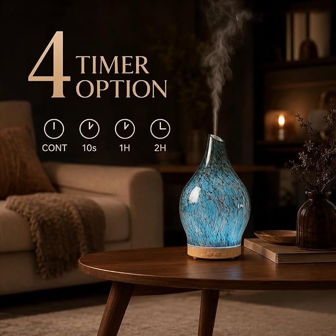 Glass Oil Diffuser with 3 Essential Oil Set,200ml Diffuser for Table Decor,Small Humidifier with Timer,7 LED Color Lights for Small Space Office Bedroom Room Decor Gifts for Women Men
