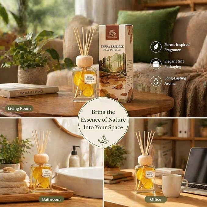 Terra Essence Reed Diffuser Set, Natural Wood & Forest Scent, Long Lasting Home Fragrance with Dried Leaves Decor, 100ml Essential Oil Diffuser for Living Room, Bathroom, Office, 3.4 FL OZ