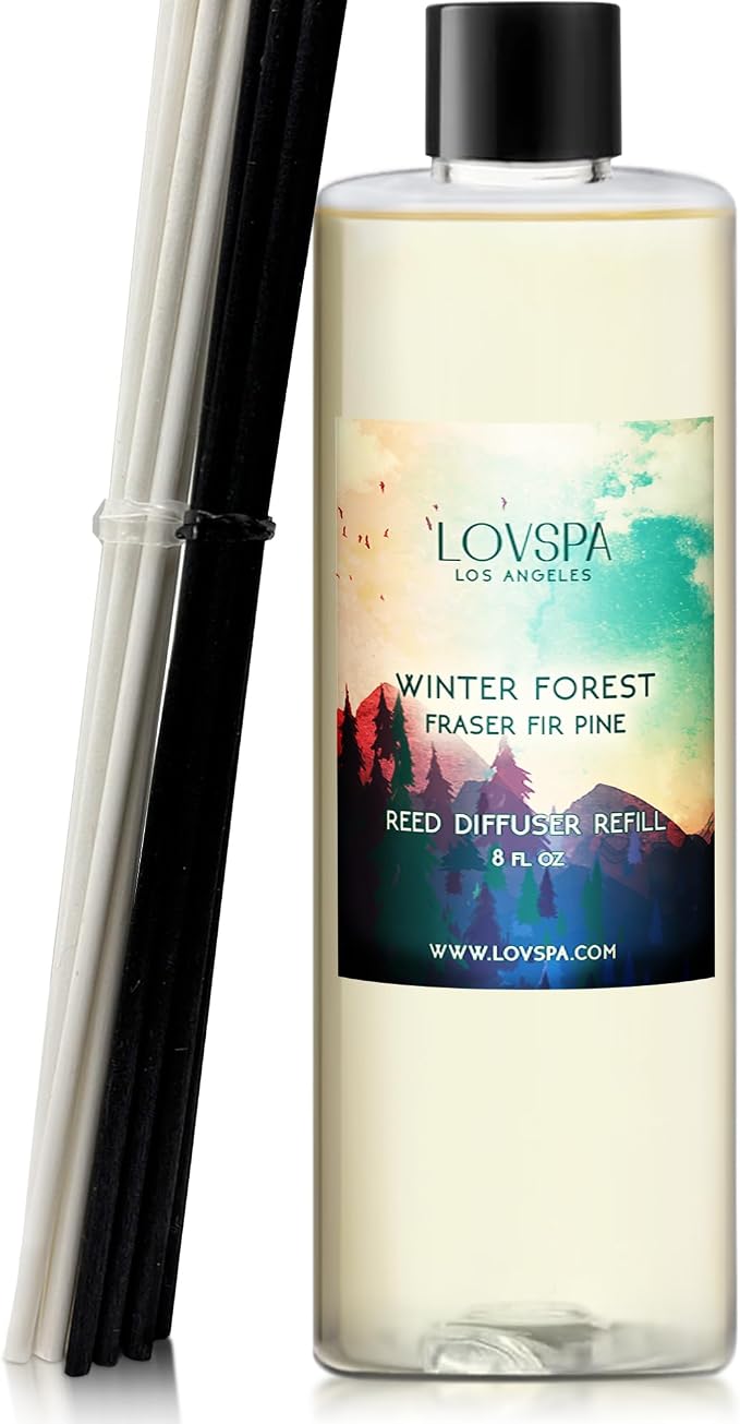Winter Forest Reed Diffuser Oil Refill, 8 oz, Hotel Scent, Spa Aroma | Fir needles, juniper, and sandalwood profile, includes replacement reeds, room fragrance, entryway, shelf decor, powder room