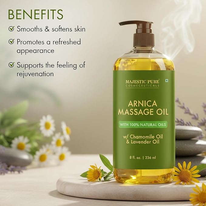 MAJESTIC PURE Arnica Massage Oil for Massage Therapy - Refreshing, and Relaxing - Natural Oils for All Skin Types - Men and Women Massage Lotion- 8 fl oz