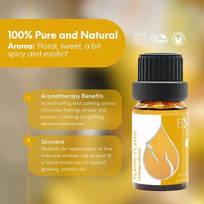 Essences Bulgaria Organic Ylang-Ylang Essential Oil 0.34 Fl Oz 10ml Cananga odorata - 100% Pure Natural Undiluted Therapeutic Grade for Aromatherapy Diffuser Candle and Soap Making Skincare Body Oil