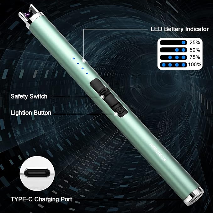 ARECTECH Rechargeable Electric Candle Lighter, Arc Plasma Windproof Lighter for Candle Kitchen Birthday, Christmas Stocking Stuffers Gifts for Mom Men Wife with Type-C Cable, Green