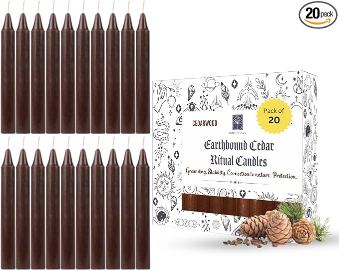 SOUL STICKS 4" Scented Ritual Candles Chime Taper Premium Candles 20 pcs for Rituals, Ceremonies, Meditation, Altar and Spells (Brown/Cedarwood)