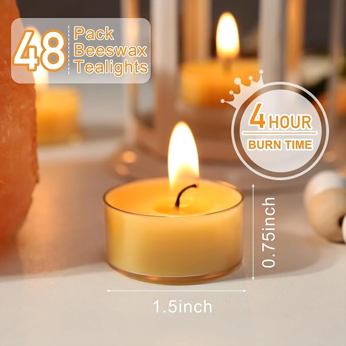48 Packs Beeswax Tealight Candles, 100% Pure Beeswax Candles | 4-Hour Extended Burn Time | Natural Beeswax Tea Candle in Clear Cup, Perfect for Home Decor,Air Purification,Fragrance