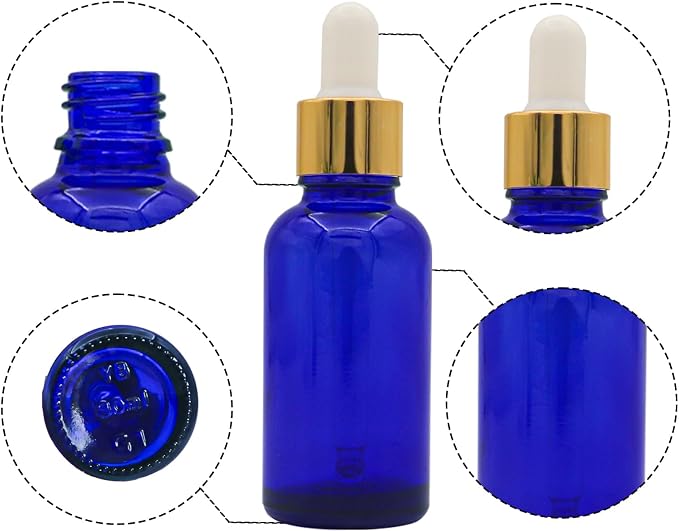 12 Pack Blue Glass Dropper Bottle, 1 oz, with Eye Dropper and Gold Cap, Leak Proof Travel Bottle for Essential Oils/Chemistry Lab Chemicals/Cologne and Perfume