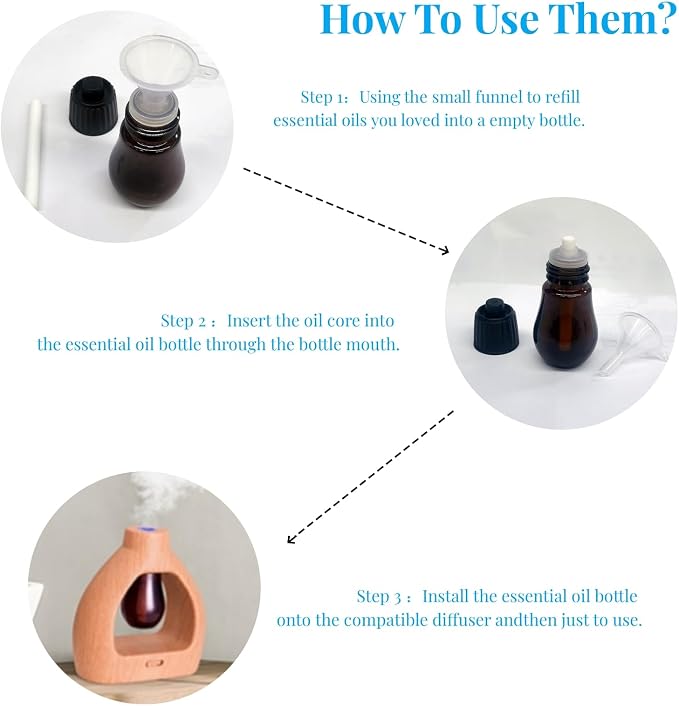 3 Empty Bottles for Essential Oils Refilling, Diffuser Bottles Set | 3 Empty Bottles & 6 Filter Cottons & 1 Mini Funnel, Fit AGEMANY Waterless Aroma Diffuser, Amber Glass Bottle, 20ML