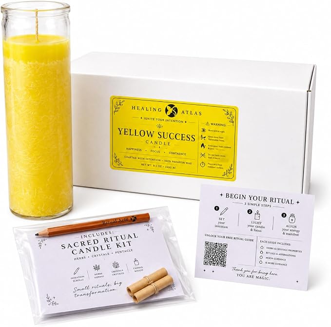 Yellow Success Manifestation Candle Kit – 8" Ritual Prayer Candle with Intention Scrolls, Pencil & QR Guide for Success, Confidence, Motivation & Achievement