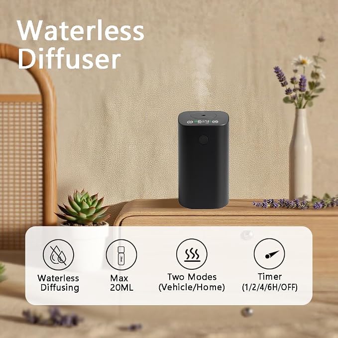Waterless Essential Oil Diffuser with 50ml Fragrance Oil, Rechargeable Nano Mist Diffuser for Home, Car & Office, 4 Timer Settings, 4 Mist Levels, Up to 600 Sq Ft Coverage