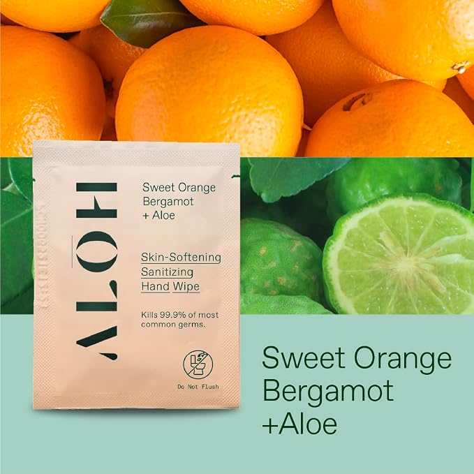 ALŌH Skin - Softening Sanitizing Hand Wipes – Sweet Orange Bergamot (1 Box of 20 Individual Wrapped Wipes)