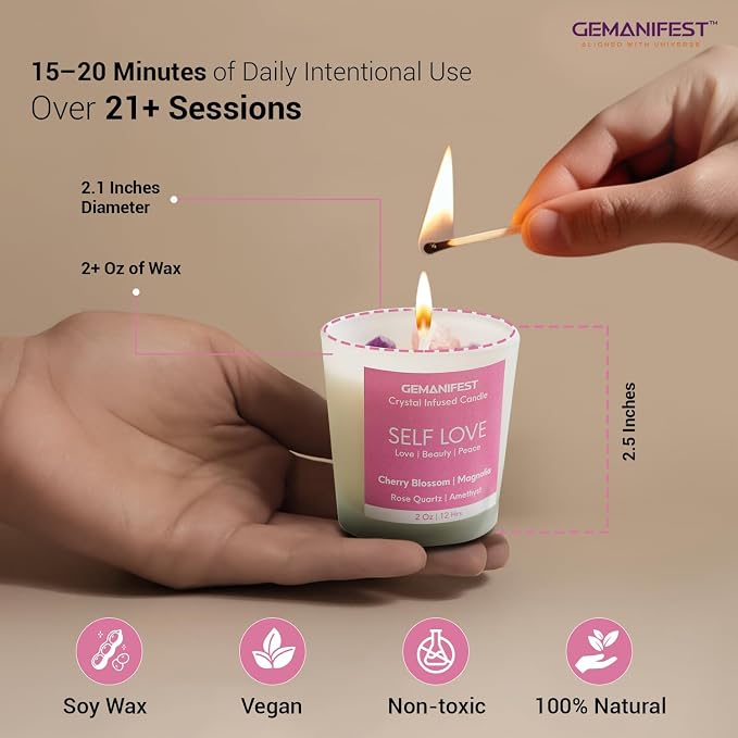 Self Love Manifestation Candle, Cherry Blossom & Magnolia Scented Soy Candle with Rose Quartz & Amethyst, Valentine's Gift for Her/Him, Women's Wellness & Spiritual Healing