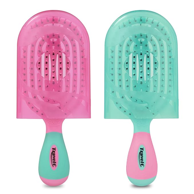 NuWay® TravelC® Detangling Hair Brush Set (2 Brushes) – Mix-n-Match Travel Case Colors, Patented Curved Vented Design with Protective Case for Wet or Dry Hair (Pink & Teal)
