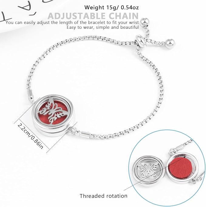 Essential Oil Diffuser Bracelet Aromatherapy Locket Adjustable Stainless Steel Butterfly Bracelet with 10 Pcs Refill Pads for Women Girls