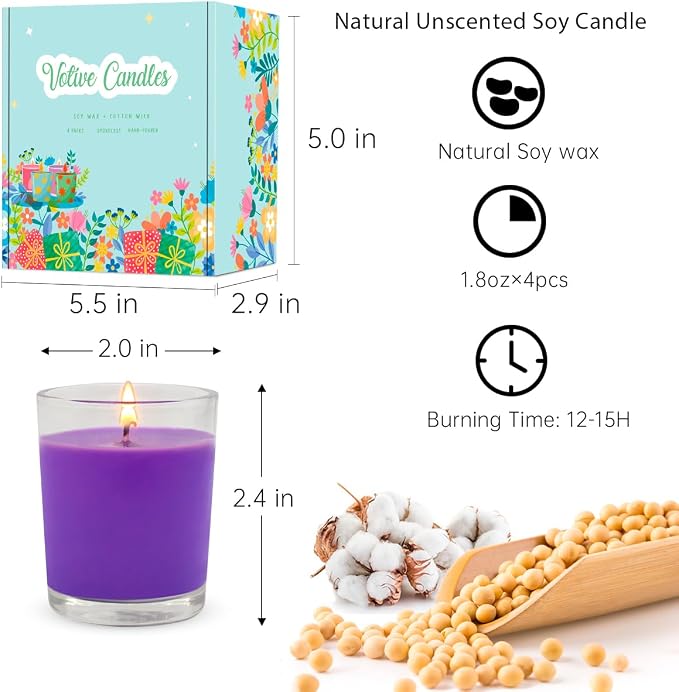4 Packs Unscented Purple Votive Candles in Glass, 2 Inch Natural Soy Wax Scentless Candles for Wedding Party Home Holidays Relaxation Spa, 12-15 Hour Burning Time