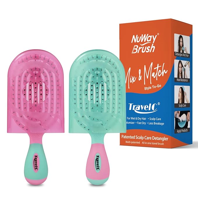 NuWay® TravelC® Detangling Hair Brush Set (2 Brushes) – Mix-n-Match Travel Case Colors, Patented Curved Vented Design with Protective Case for Wet or Dry Hair (Pink & Teal)
