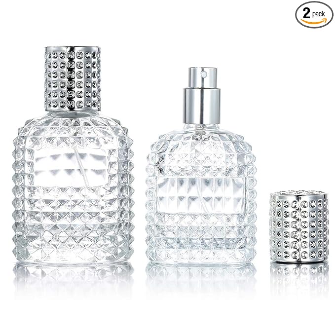 2 Pack 30ml 50ml Clear Empty Glass Spray Bottles，Refillable Empty Atomizer Perfume Bottles，Atomizer Spray Bottle With 4 kinds of perfume dispenser (50ml Silver cap and 30ml Silver cap)