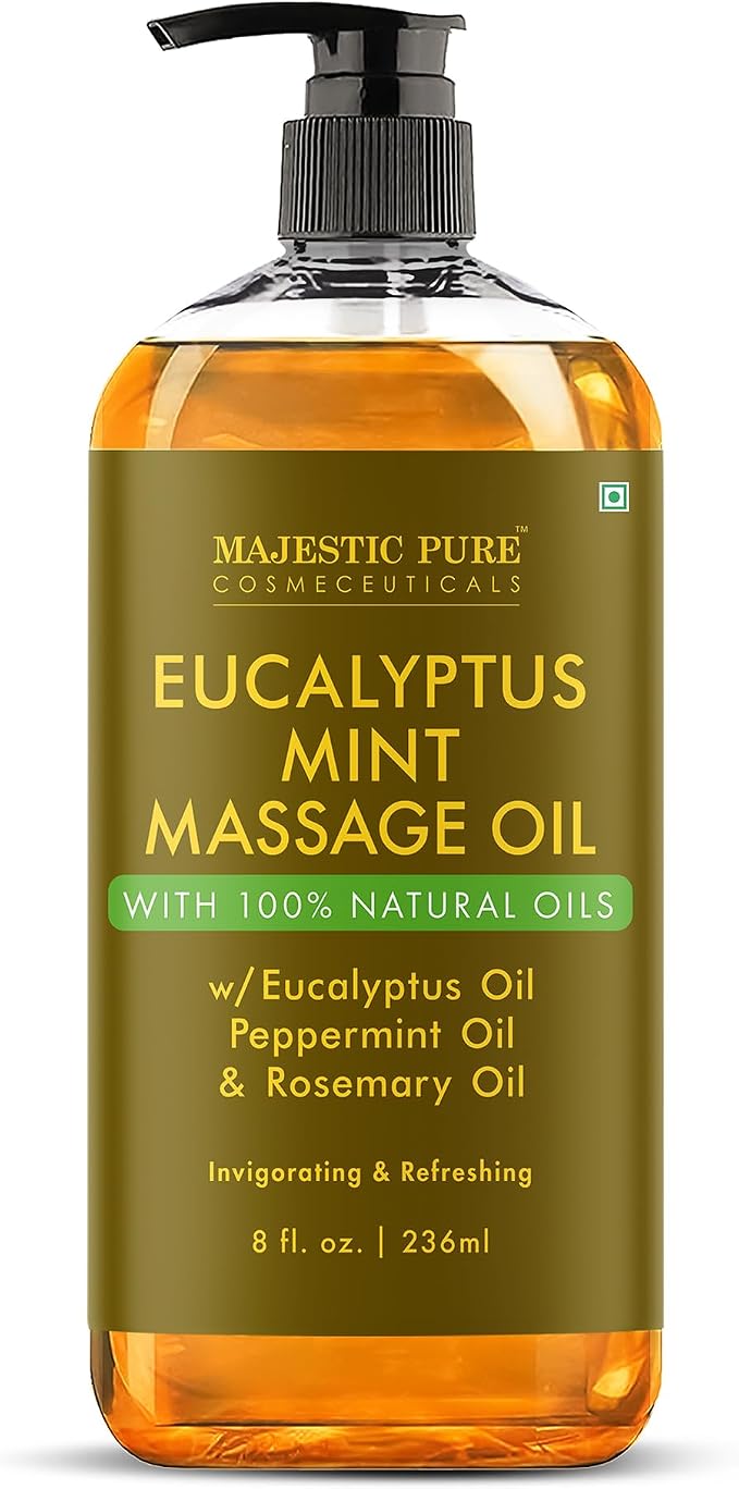 MAJESTIC PURE Eucalyptus Mint Massage Oil for Massage Therapy - Refreshing, and Relaxing - Natural Oils with Eucalyptus Essential Oil - for All Skin Types - Men and Women Massage Lotion- 8 fl oz