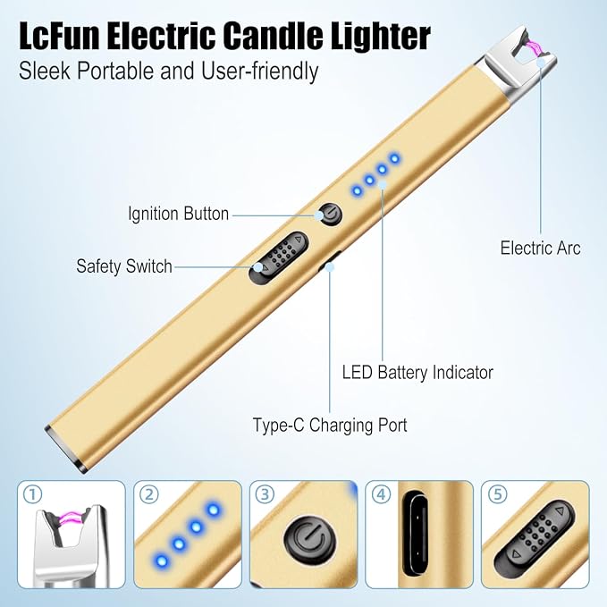 LcFun 3 Pack Candle Lighter Electric USB Rechargeable Plasma Arc Lighter with Safety Lock, Windproof Flameless Long Lighters for Candle, Grill, BBQ, Camping, Gas Stoves (Black,Silver,Gold)