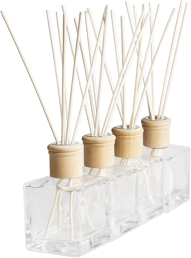 Fragrance Glass Diffuser Bottles Diffuser Jars with caps and Rattan Stick Set of 4 pcs 200ml Fragrance Accessories use for DIY Replacement Reed Diffuser Sets (4pcs per Set)